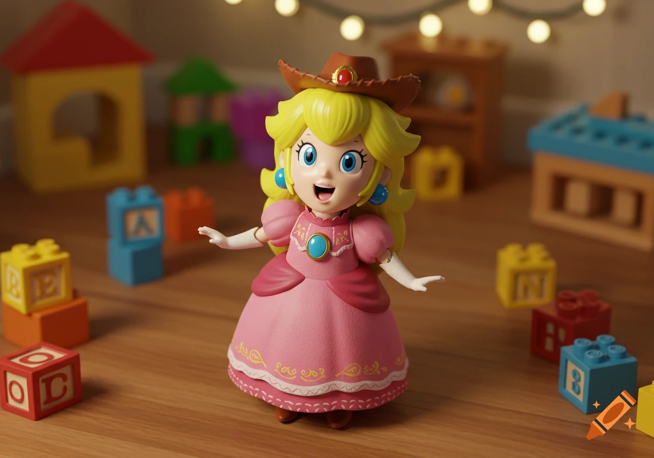 A stylized Princess Peach figure wearing a cowboy hat, standing on a wooden floor surrounded by colorful alphabet blocks and toy houses.