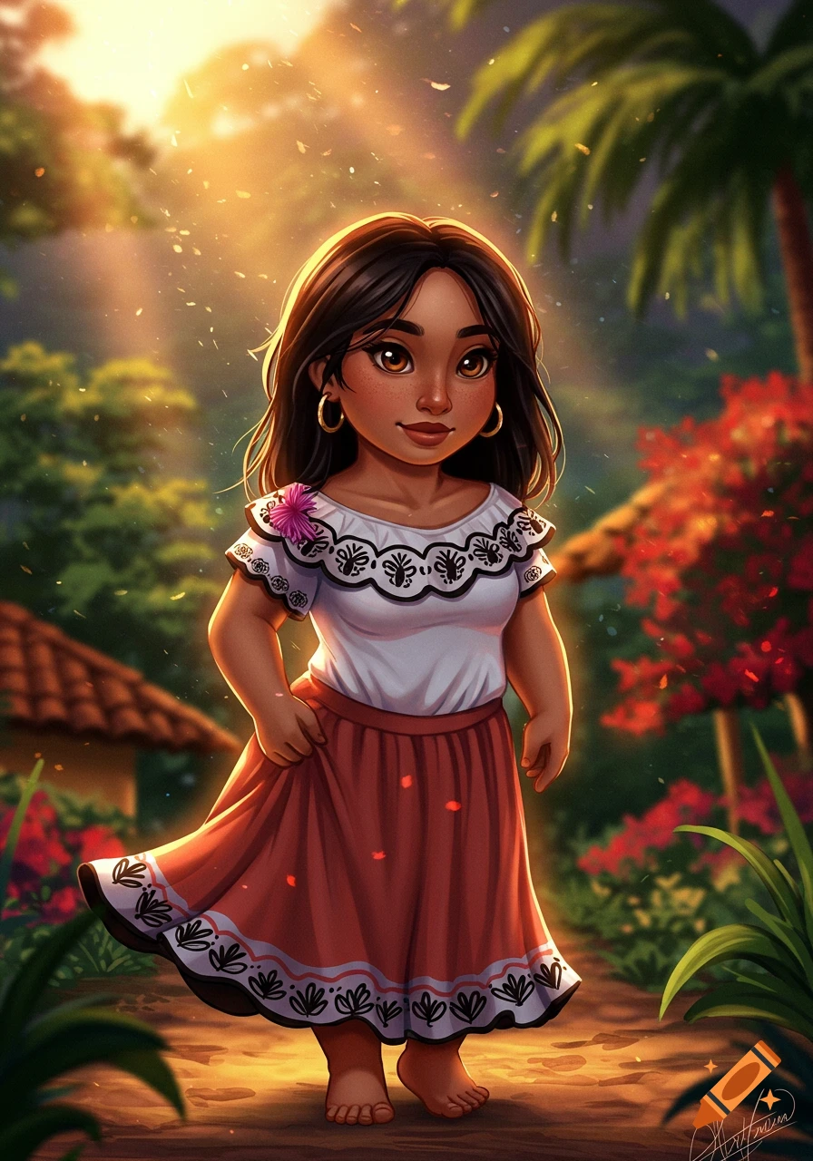A cute, dark-haired girl in a white embroidered blouse and red-orange skirt stands barefoot on a sunny, lush path with flowers and palm trees.