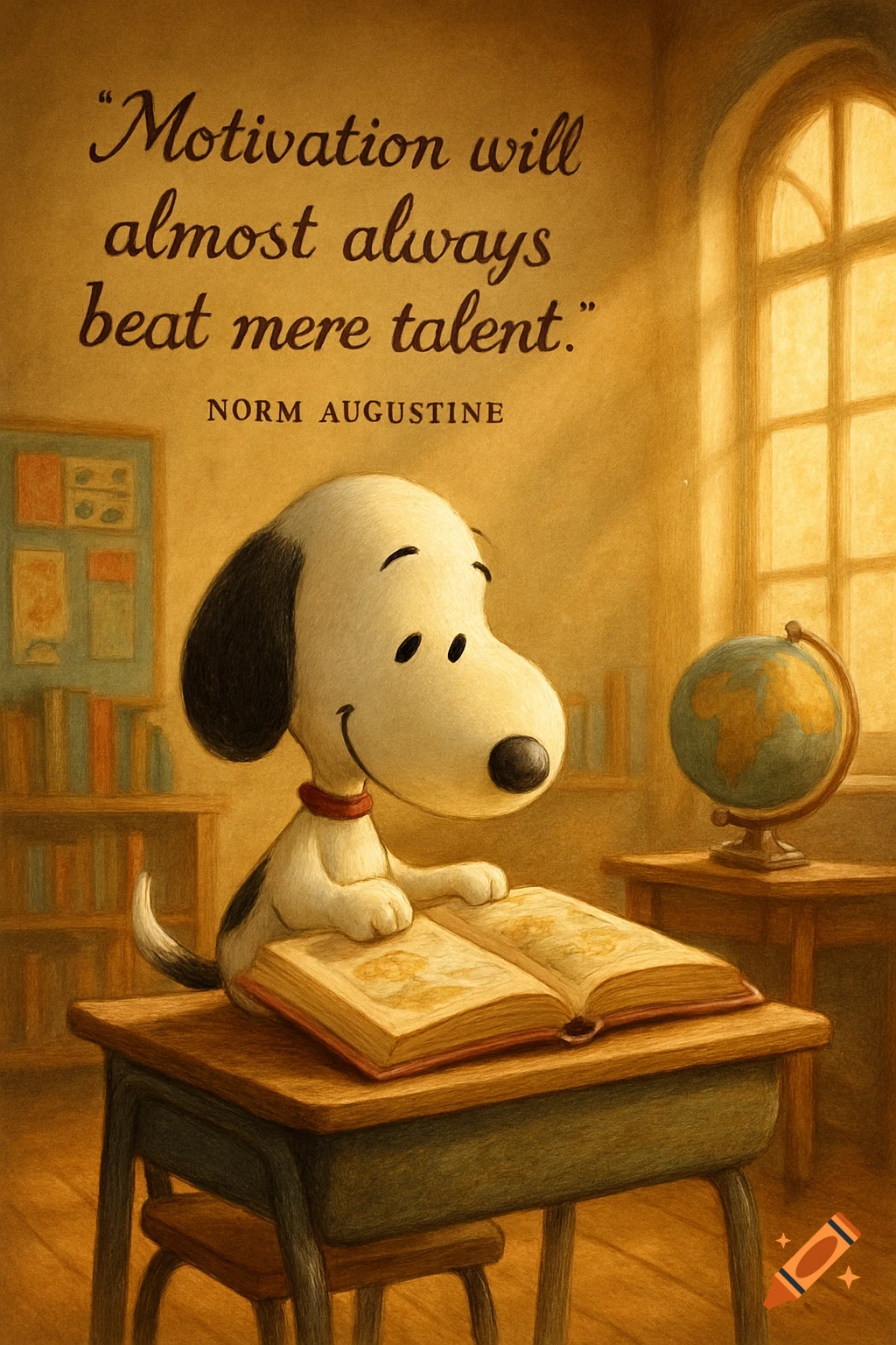 Snoopy reading a book at a school desk with a globe, a motivational quote  overhead, in a cartoon illustration style. on Craiyon, image size:1024x1536