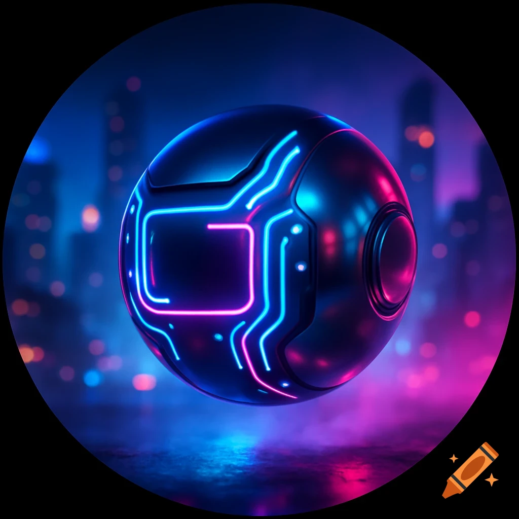 A dark metallic sphere with glowing neon blue and pink circuit patterns, floating against a blurred futuristic city background.