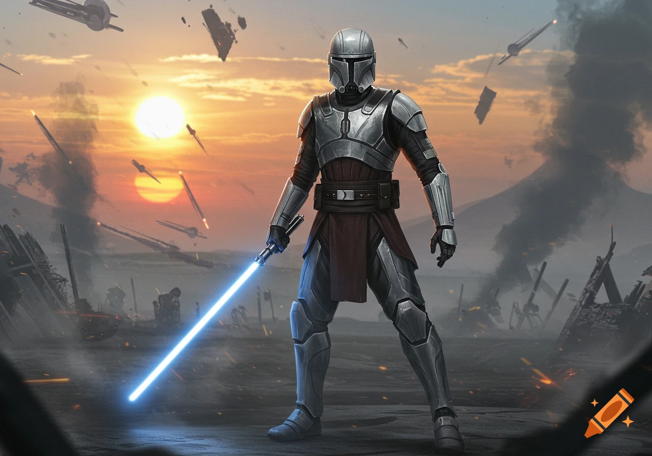 An armored warrior resembling a Mandalorian holds a glowing blue lightsaber on a desolate, battle-scarred planet under a setting sun with debris in the sky.