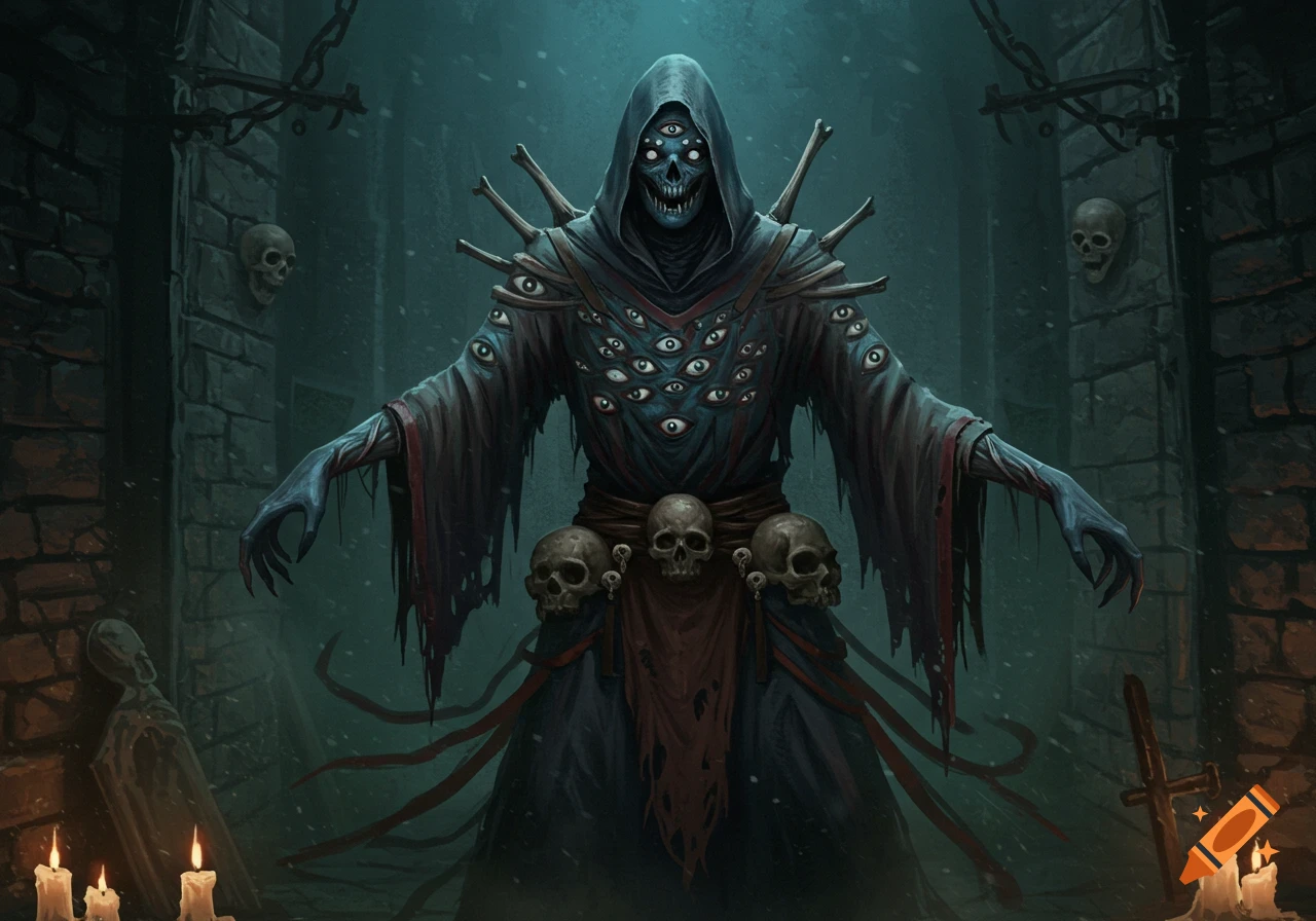 A dark fantasy image of a hooded, skeletal cultist mage with multiple eyes covering its body, standing in a dim, stone chamber with skulls and candles.
