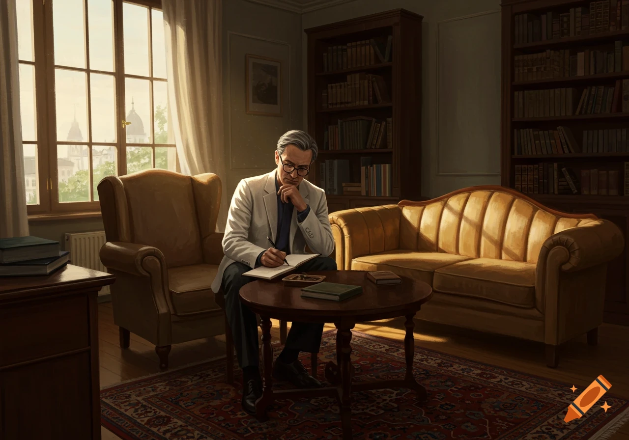 A man in glasses and a white jacket writes in a notebook at a table in a cozy study with bookshelves and a window.