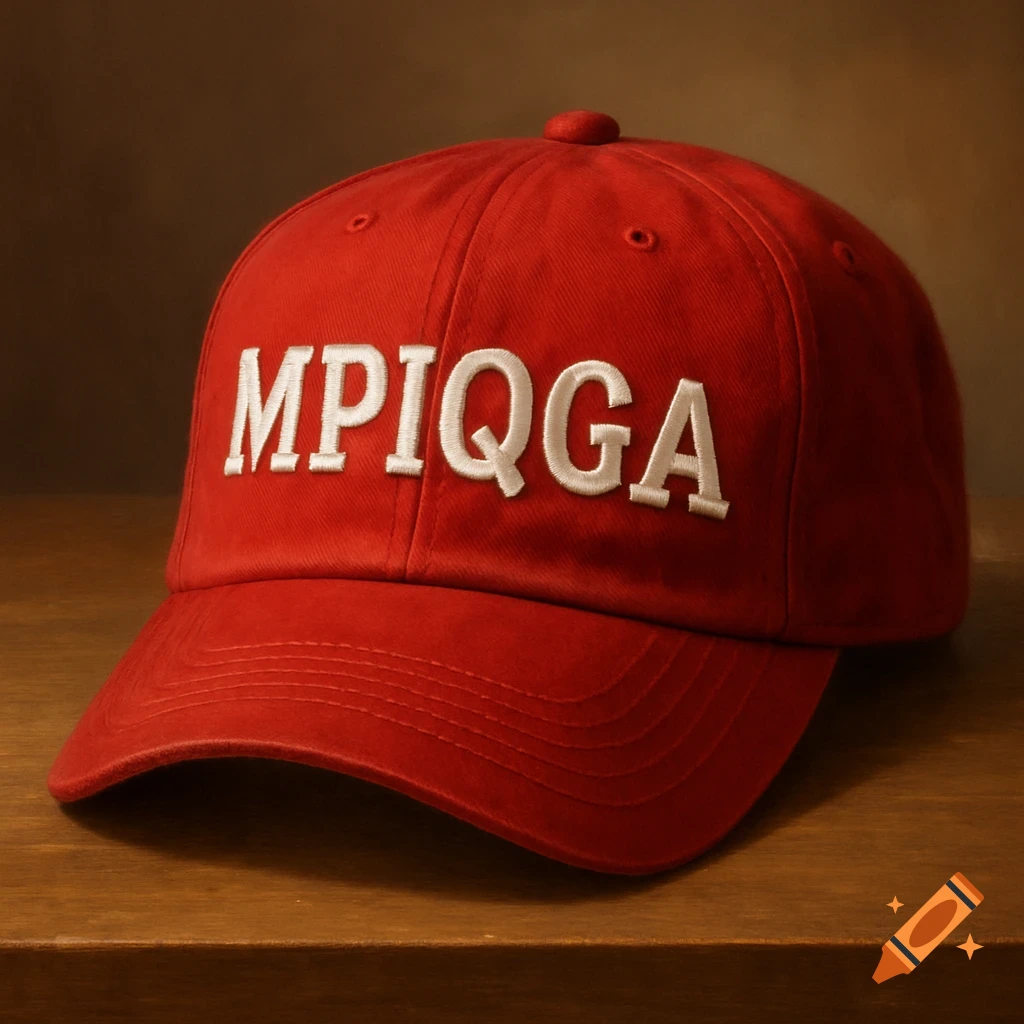 A red baseball cap with white embroidered text "MPIQGA" on a wooden surface.