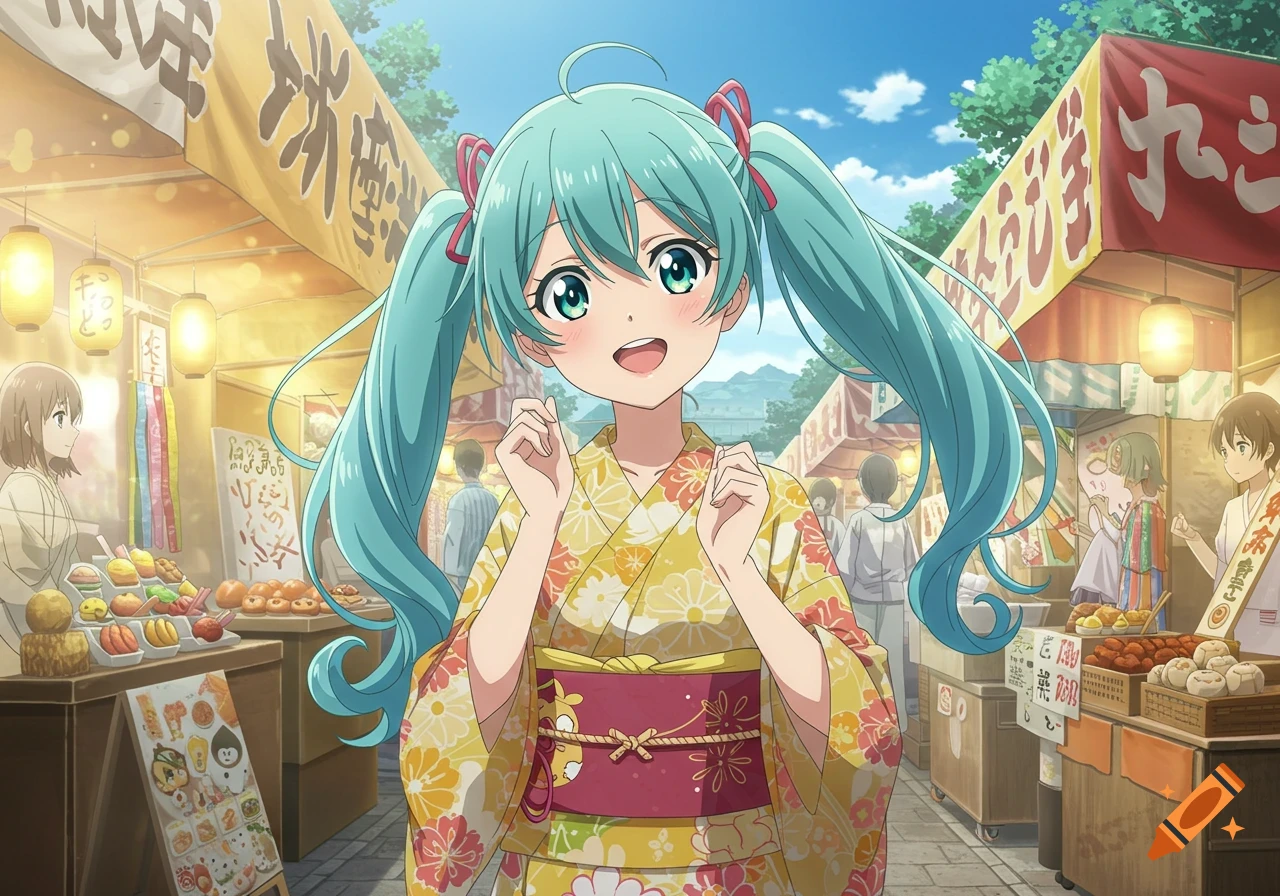 An anime girl with teal pigtails in a yellow floral kimono stands smiling at a bustling Japanese festival market.