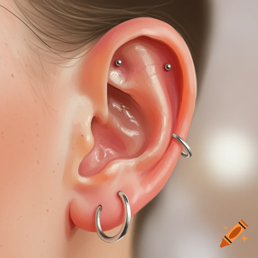 Close-up of an ear with lobe and helix piercings.