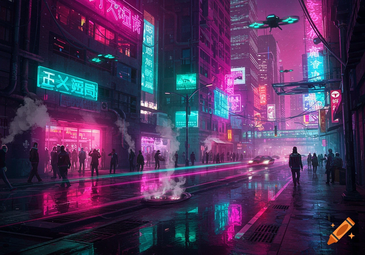 A vibrant neon-lit cyberpunk city street at night, with glowing signs, people walking, and reflective wet pavement.