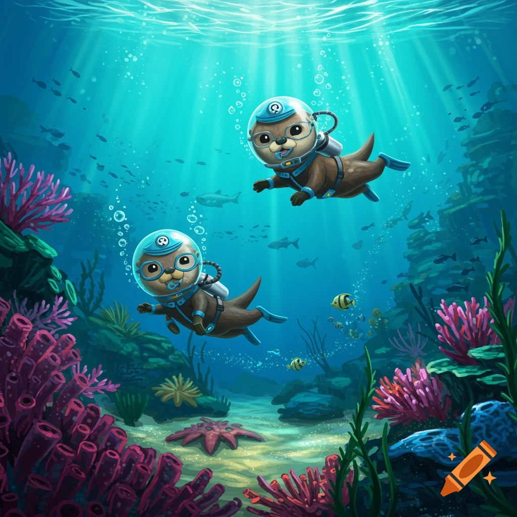 Two cute cartoon otters in diving gear swim among coral reefs and fish in a vibrant underwater scene.