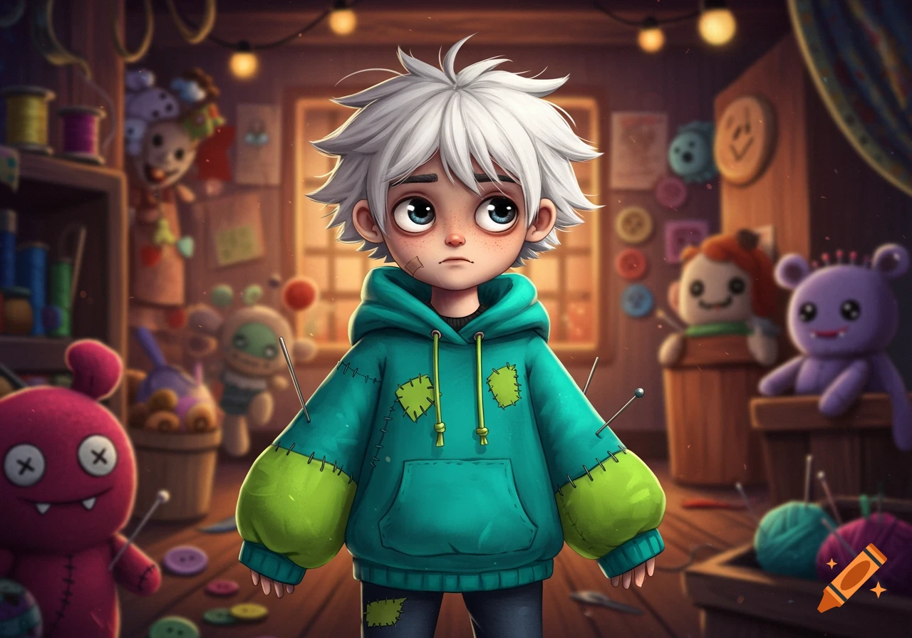 A stylized cartoon boy with white spiky hair and big blue eyes wears a patched teal and green hoodie with sewing needles sticking out. He stands in a dimly lit crafting room filled with colorful stuffed dolls, yarn, and buttons.