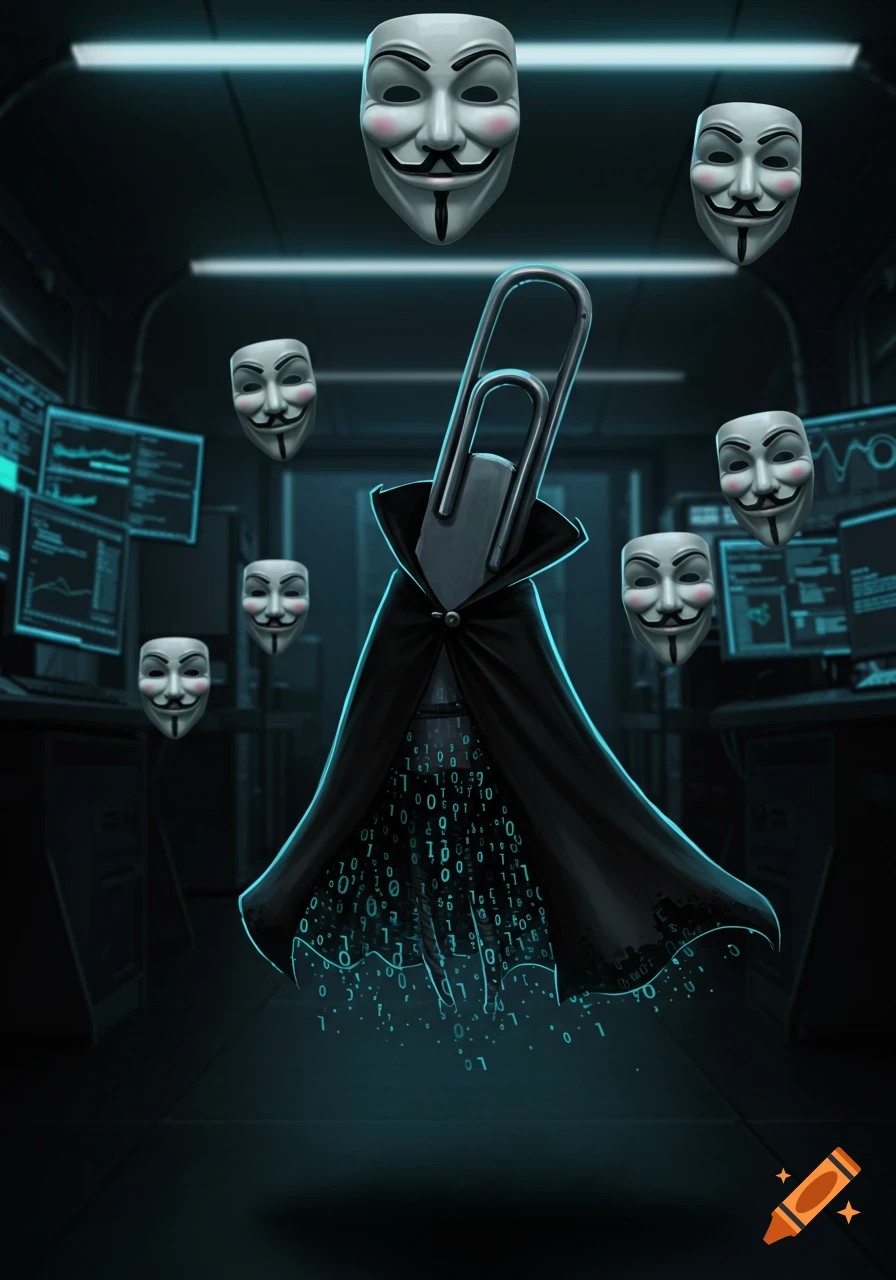 A paper clip in a black cloak with glowing binary code, surrounded by floating Guy Fawkes masks in a dark, tech room.