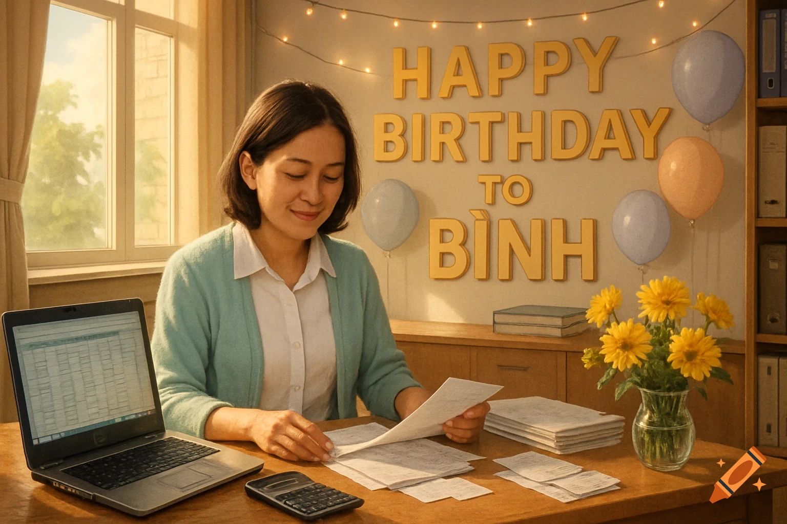 A kind-looking woman arranges documents at a sunlit wooden desk in an office with 'Happy Birthday to BÌNH' on the wall and festive balloons.