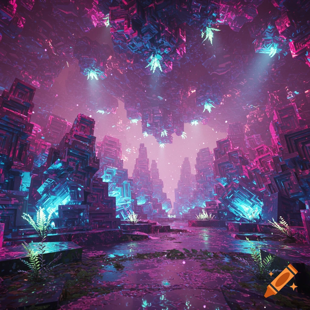 A vibrant, ethereal cavern filled with glowing pink and blue crystalline structures, reflecting in a wet, dark floor with small green plants.