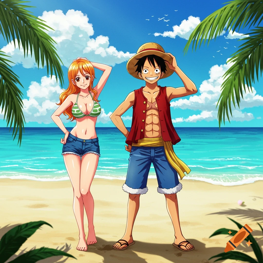 Anime characters Nami and Luffy from One Piece stand on a sunny beach with palm trees and blue ocean.