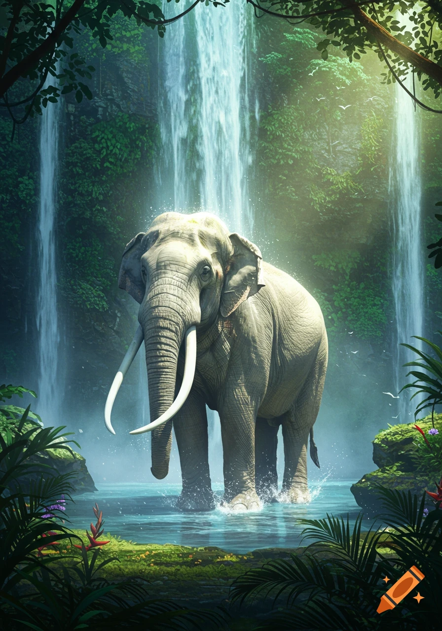 A majestic elephant stands in a pool of water with multiple waterfalls cascading behind it in a vibrant green jungle setting.