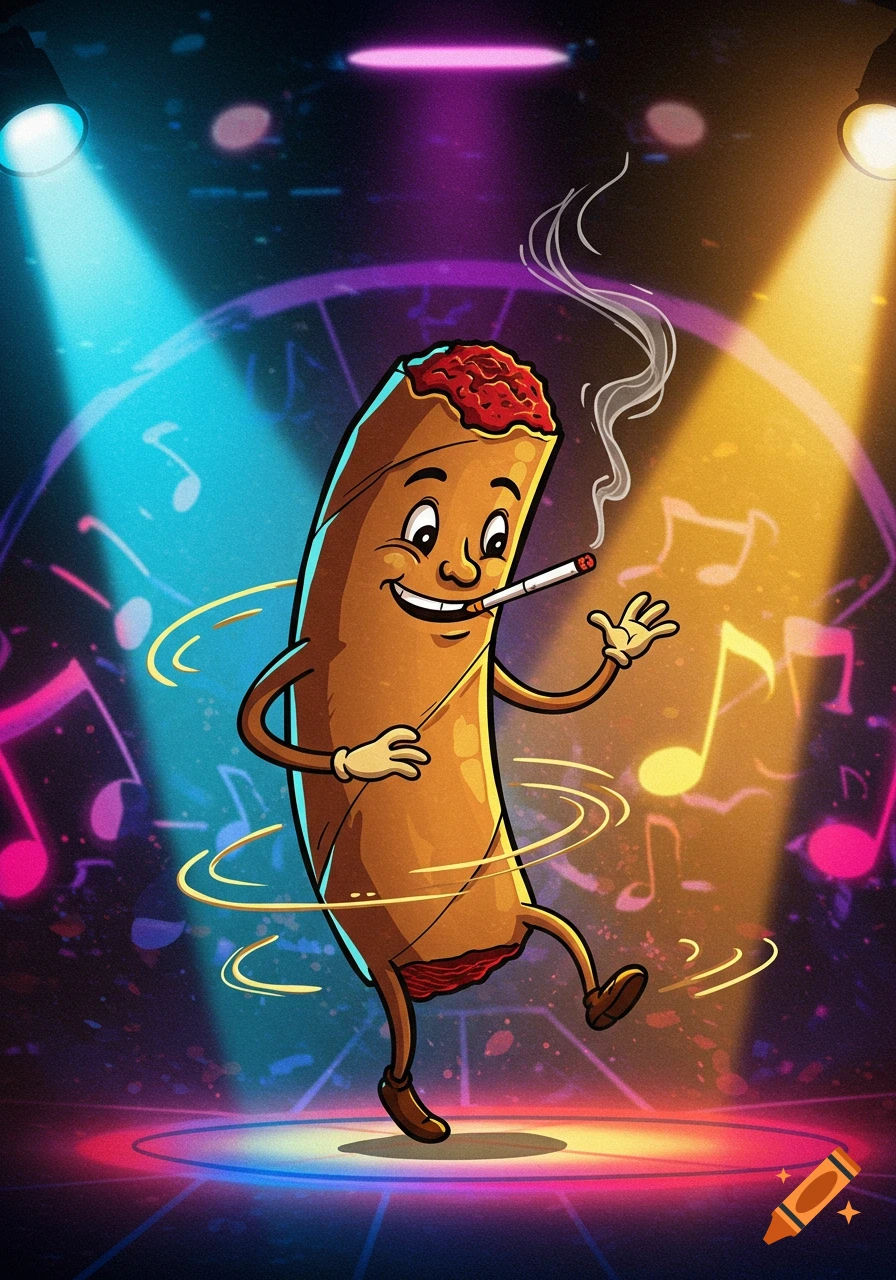 A happy cartoon cigar character dances on a vibrant stage under spotlights, surrounded by musical notes and swirling lines, smoking a cigarette.