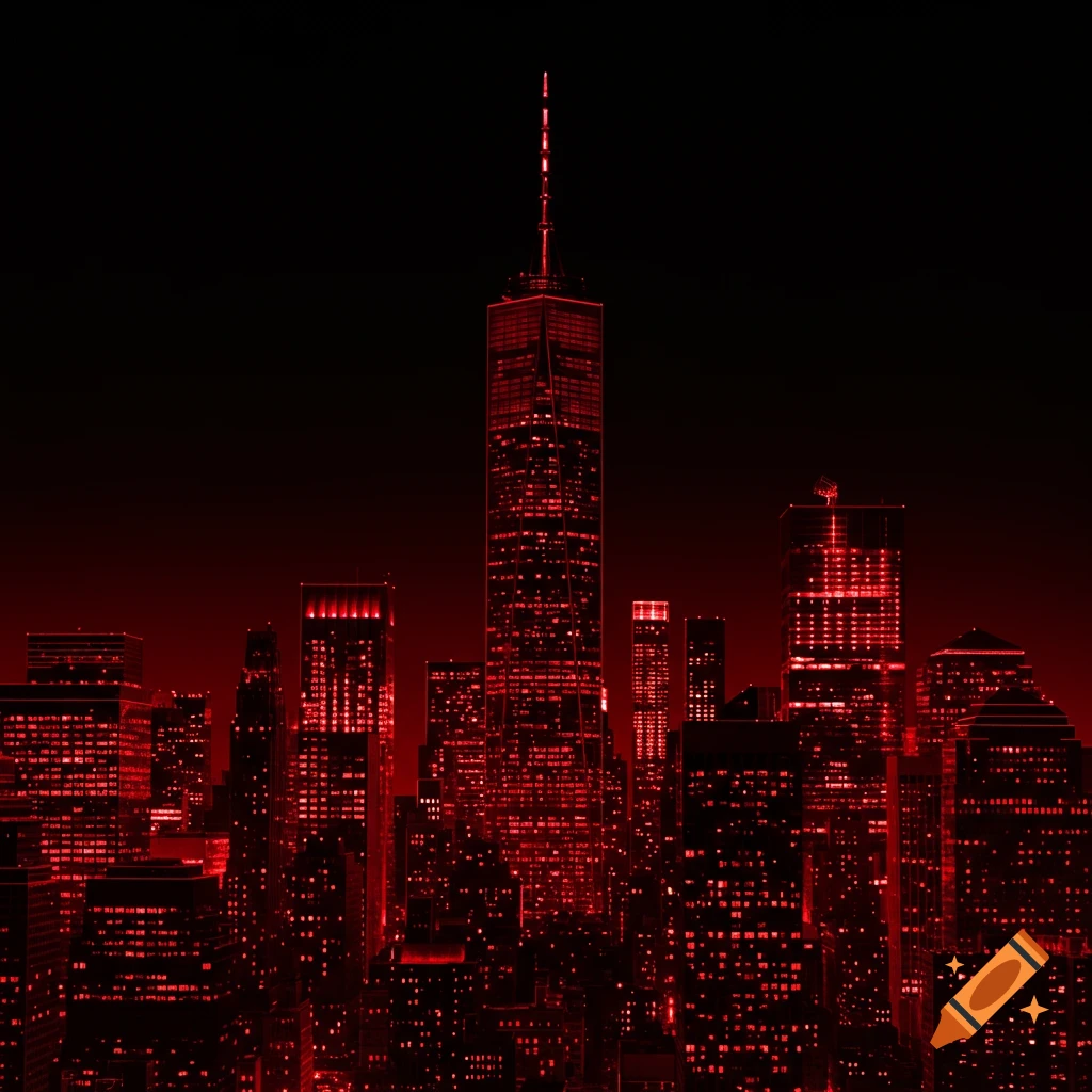 Realistic New York City skyline at night with buildings illuminated by a striking red hue.