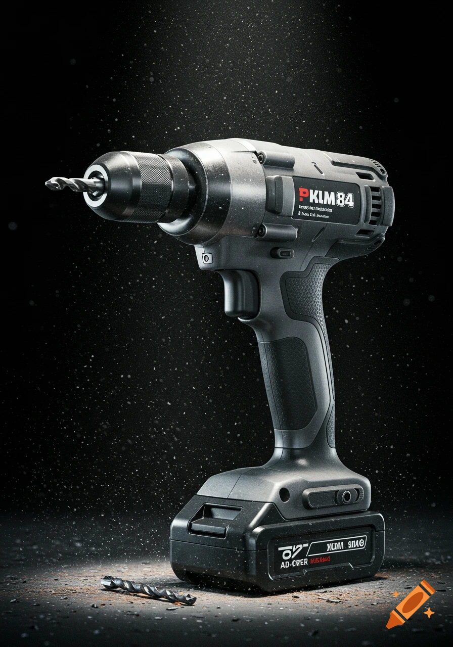 A photorealistic black cordless power drill with a drill bit standing on a dusty surface, with another drill bit lying beside it.