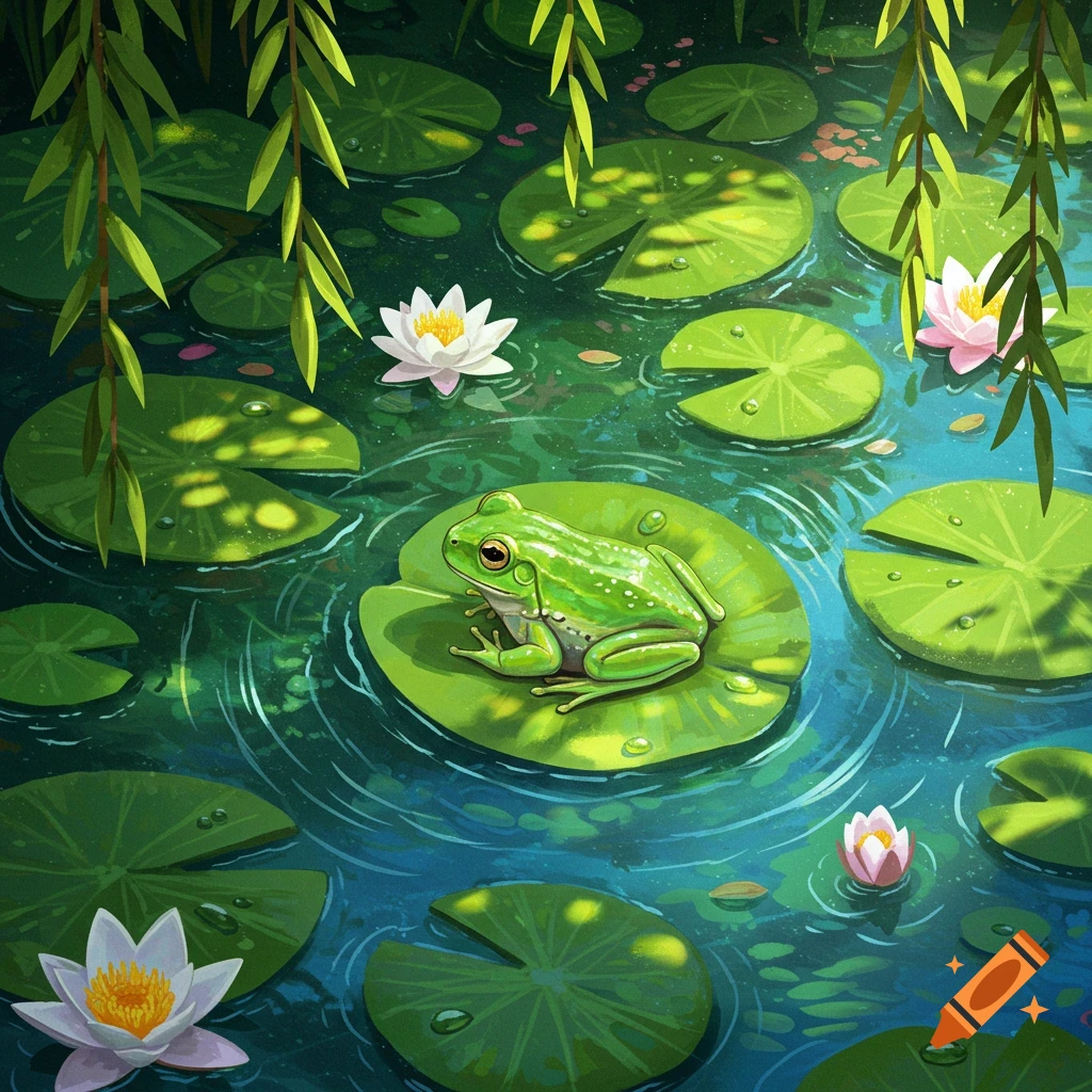 A vibrant green frog sits on a large lily pad in a pond with white and pink water lilies and overhanging willow branches.
