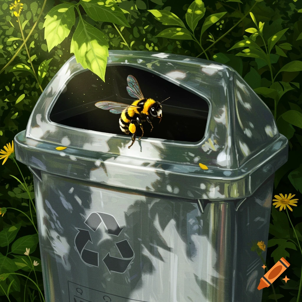 A close-up digital illustration of a bumblebee hovering near the opening of a shiny metal trash can, surrounded by green leaves and small yellow flowers.