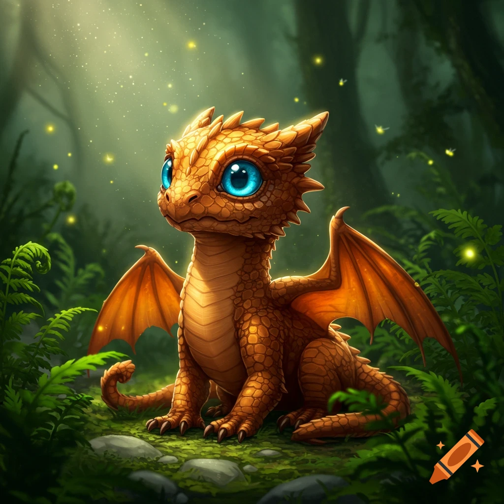 A cute amber-scaled dragon hatchling with large blue eyes sits in a mystical forest, surrounded by glowing fireflies.