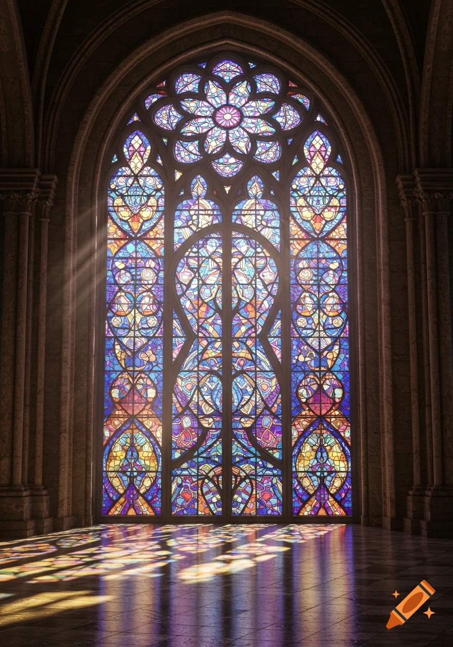 Sunlight streams through an ornate, colorful stained glass window in a stone cathedral, casting reflections on the floor.
