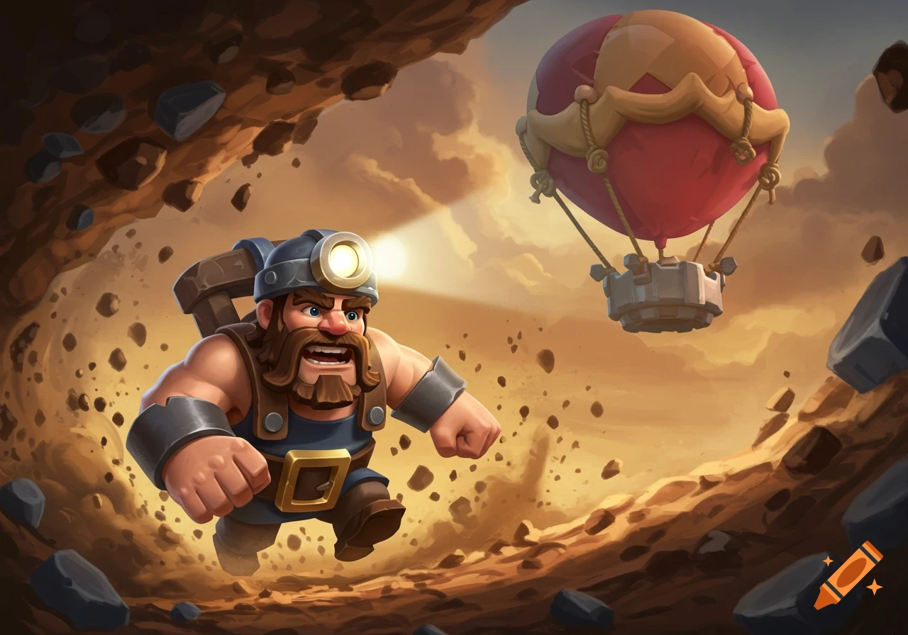 A cartoon miner with a headlamp runs through a rocky cavern as a red hot air balloon floats nearby, in a vibrant, game-like style.
