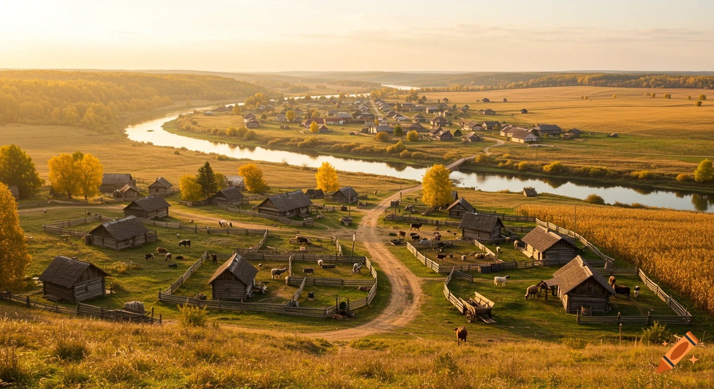 Aerial view of a rustic village with wooden cabins and animal pens alongside a winding river and golden fields under a warm sunset.