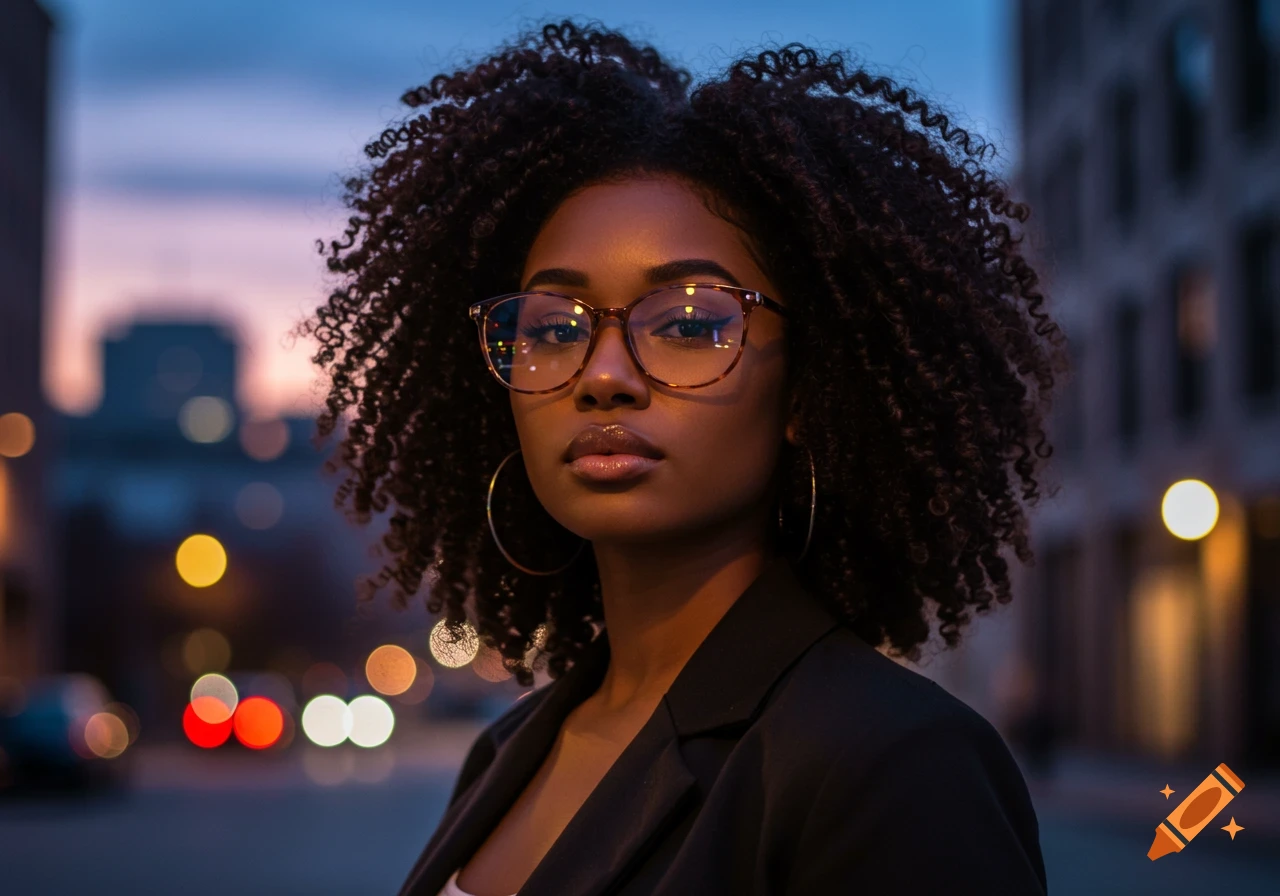 Close-up portrait of an African American woman with curly hair and glasses, standing outdoors at dusk with city lights blurred in the background.