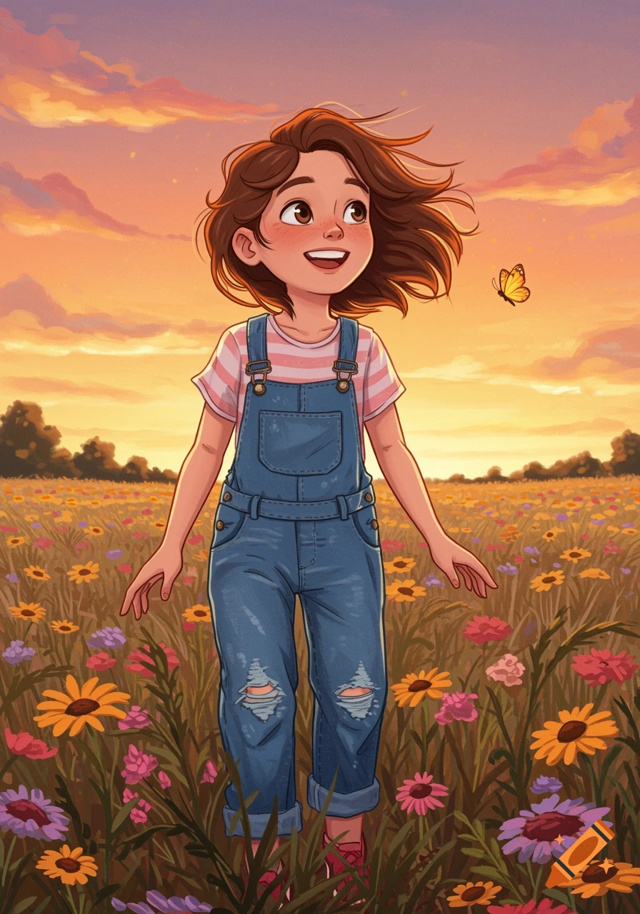 A smiling cartoon girl in overalls stands in a field of colorful flowers at sunset, looking up at a butterfly.