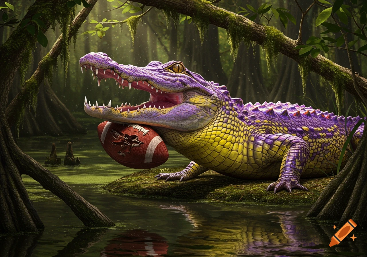 A vibrant purple and yellow alligator holds a deflated football in its mouth in a green, mossy swamp.