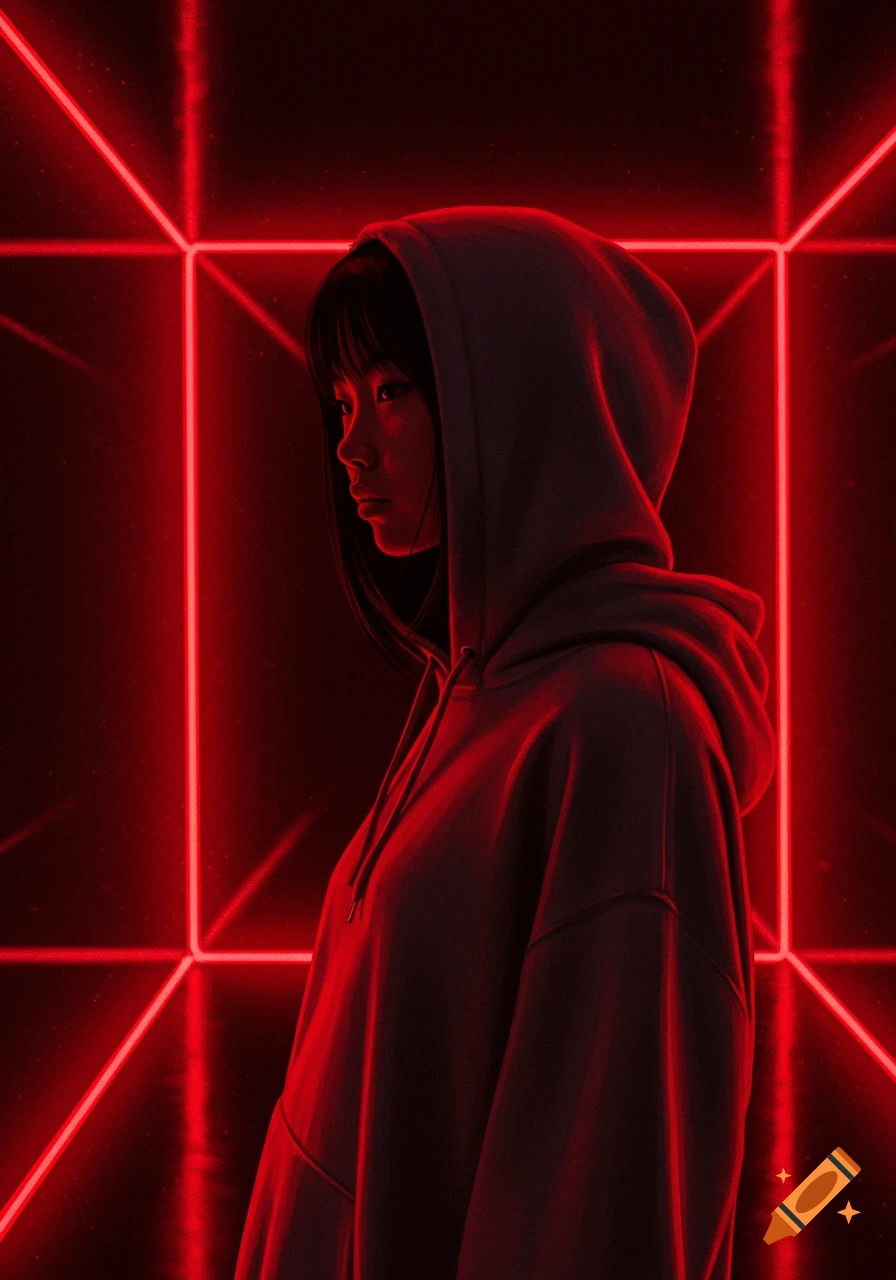 A person in a grey hoodie stands in a dark, red neon-lit room, viewed from the side.