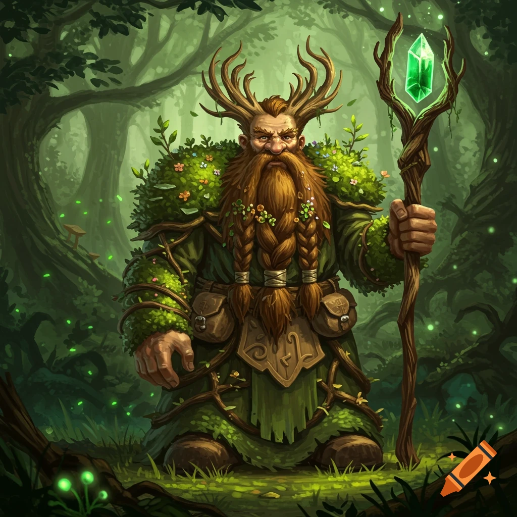 A fantasy illustration of a dwarf-like druid with antlers and mossy attire, holding a glowing crystal staff, in a lush forest.