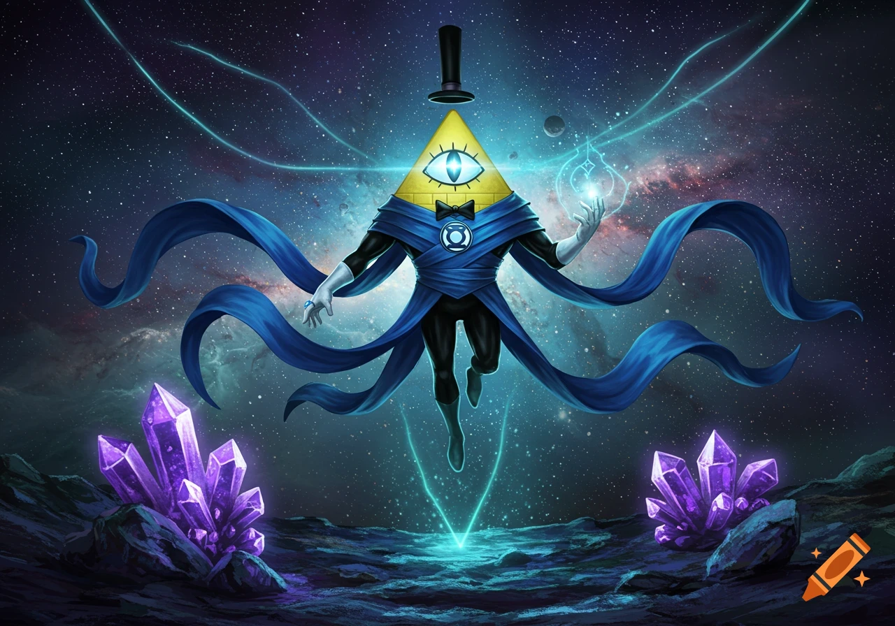 Bill Cipher as an Indigo Tribe member, floating in space with glowing purple crystals and energy.