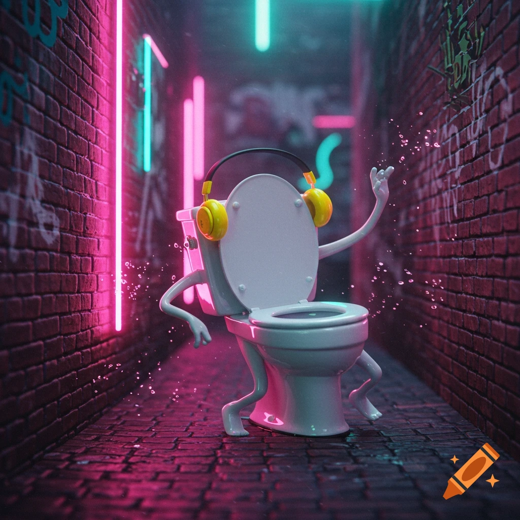 A cartoon toilet with arms and legs wearing yellow headphones stands in a dark brick alley illuminated by pink and blue neon lights.