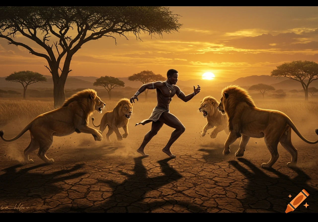 A muscular man runs from three attacking lions in a savanna at sunset, on dry, cracked earth.
