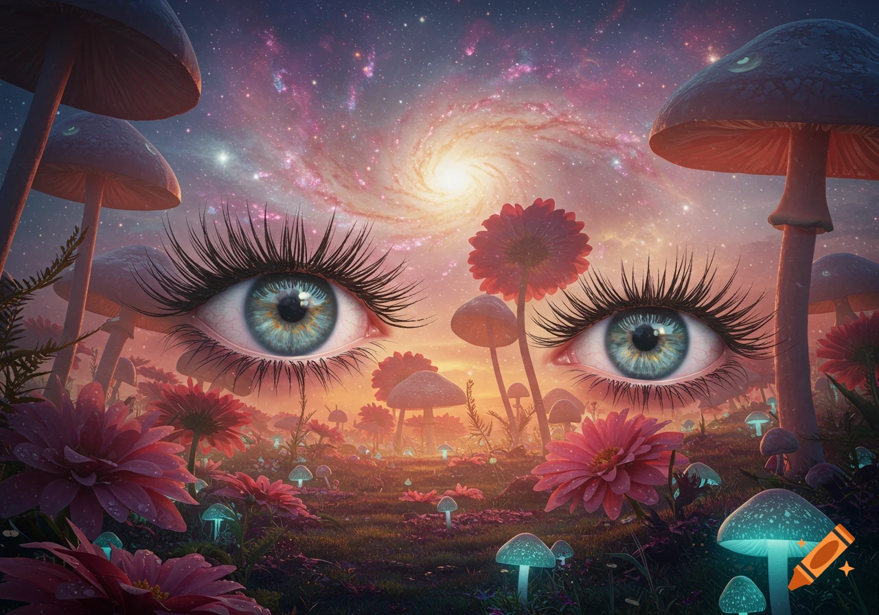 Giant eyes float above a fantastical landscape of glowing mushrooms and pink flowers under a vibrant cosmic sky.