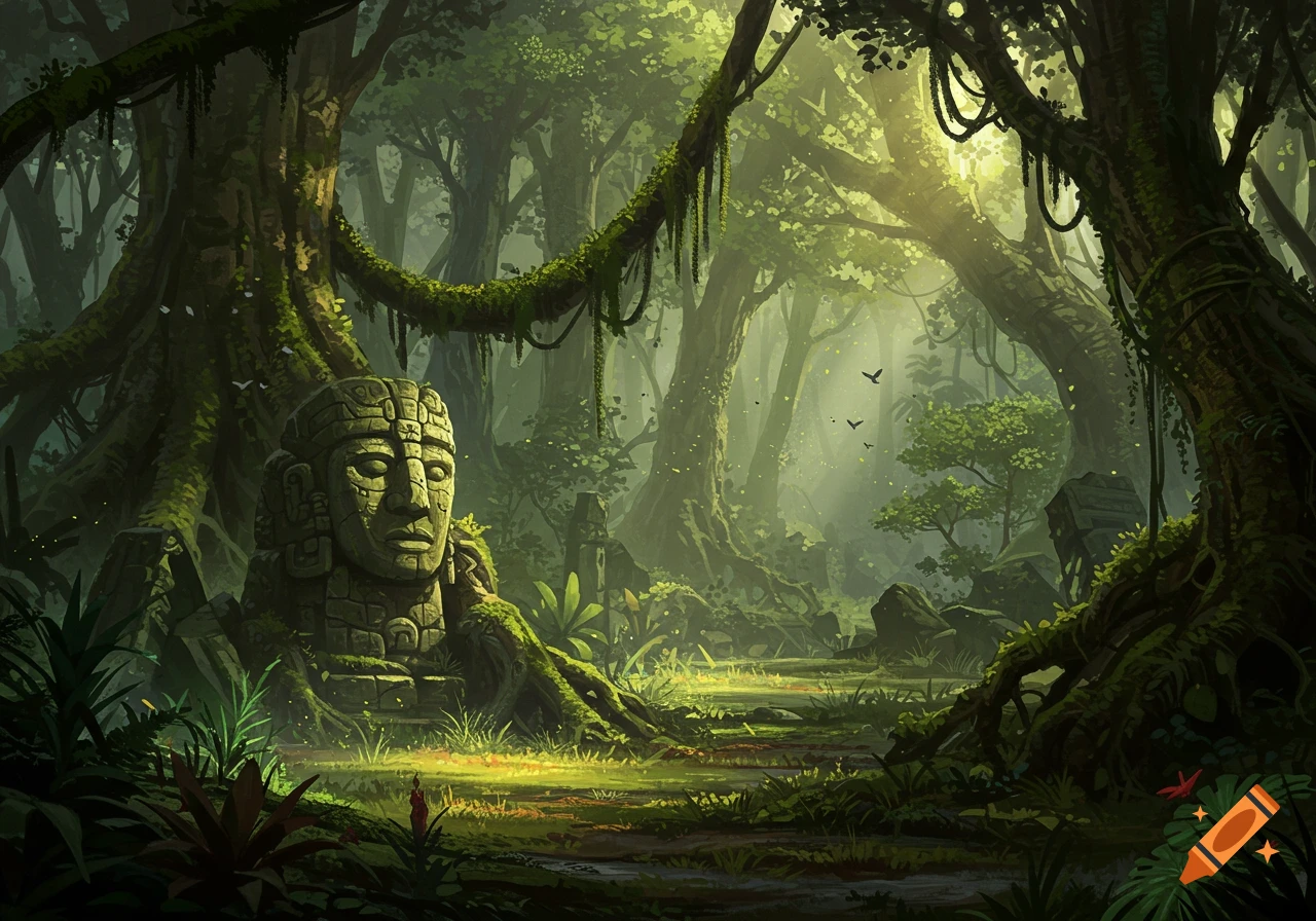 A lush, atmospheric digital painting of a dense jungle with an overgrown ancient stone head statue bathed in sunlight.
