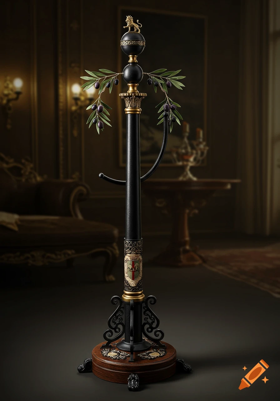 Ornate black and gold standing towel holder with olive branches, a lion finial, and a decorative crest, in a dimly lit, luxurious room.
