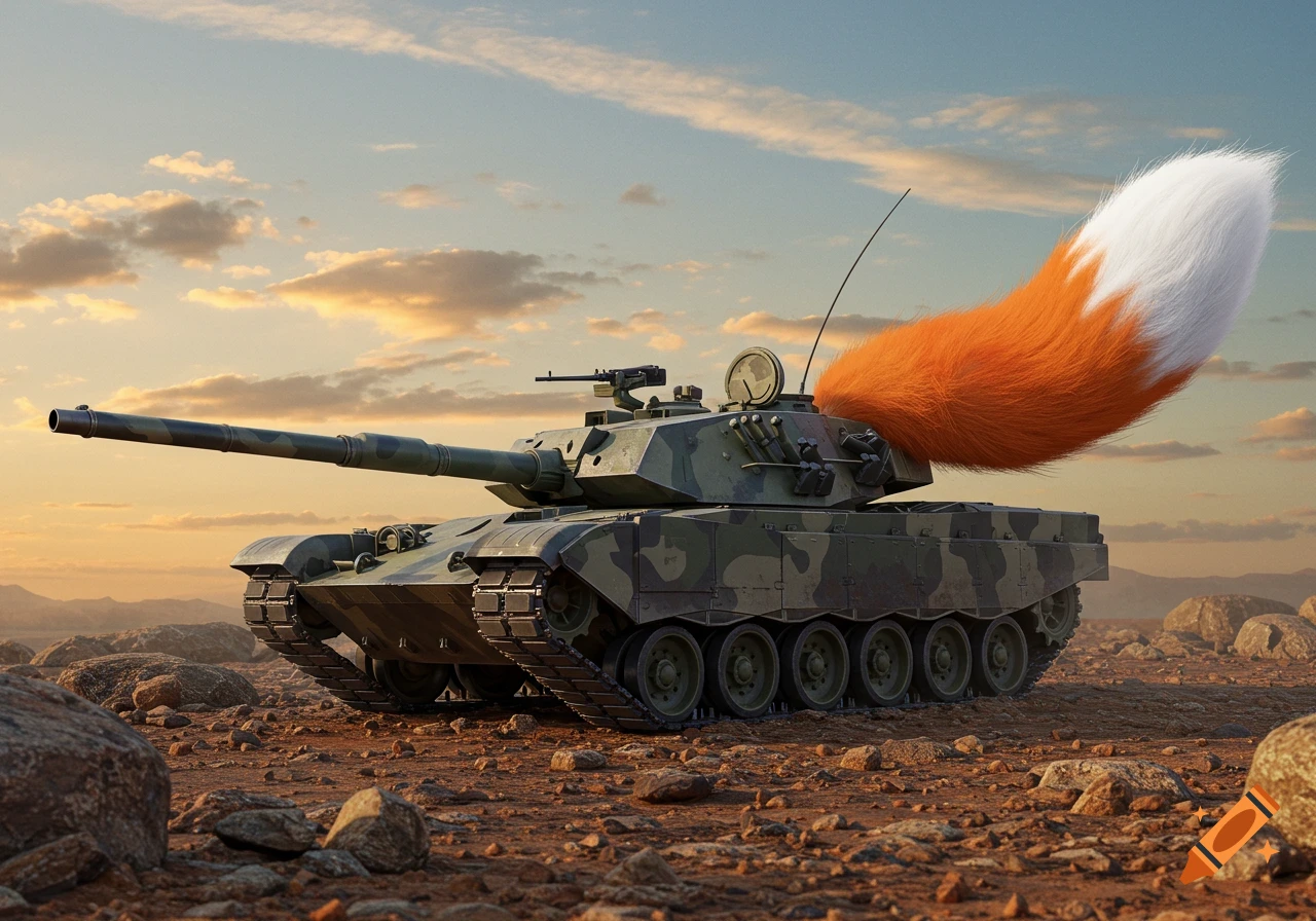 A photorealistic military tank with camouflage paint sits in a rocky desert landscape, featuring a large, fluffy orange and white fox tail attached to its rear.