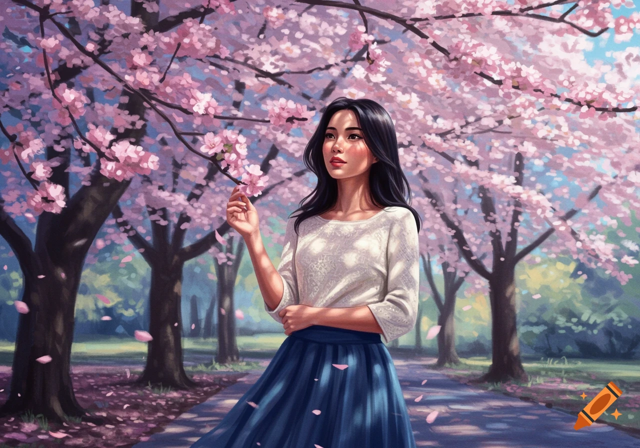 A woman stands among pink cherry blossom trees, looking up, in a painterly style.