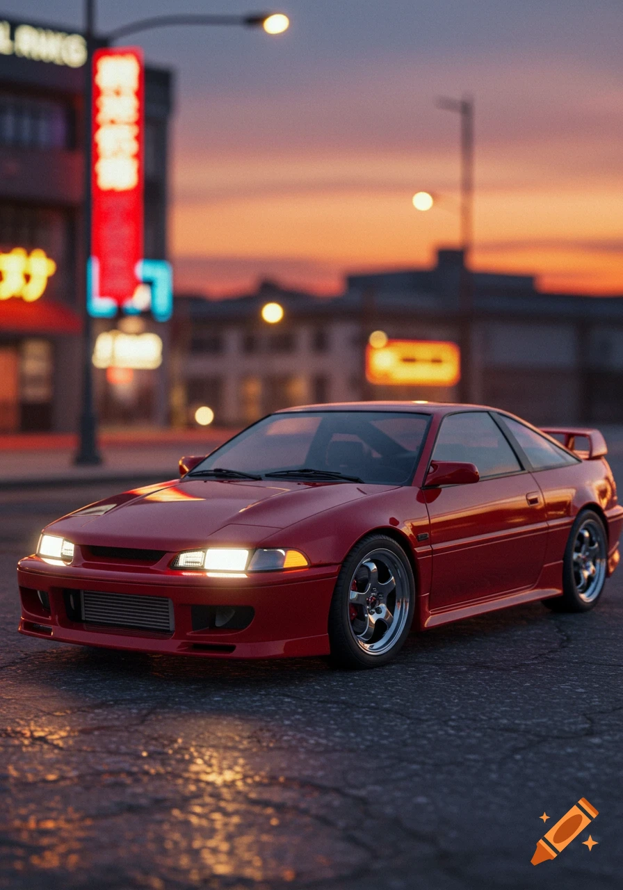 A bright red 1996 Mitsubishi Eclipse GST parked on a street at dusk with blurred neon signs in the background, photorealistic style.