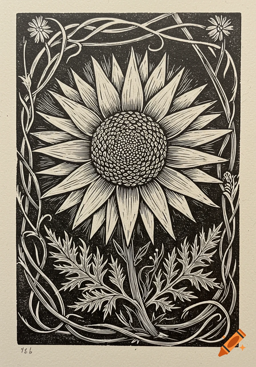 A monochrome linocut print featuring a central stylized Eguzkilore flower with radiating petals, framed by decorative vines and foliage.