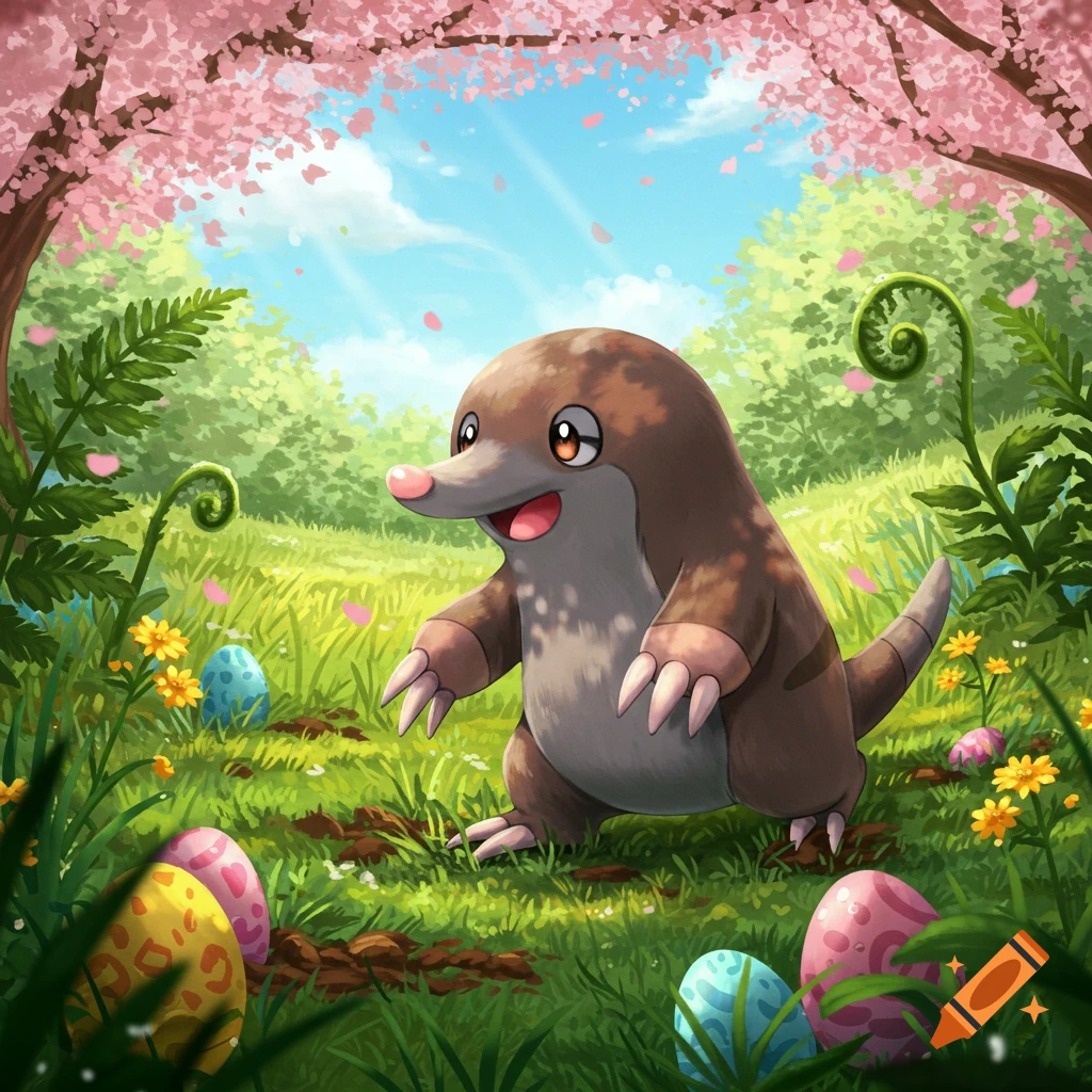 A brown mole-like Pokemon, Drilbur, in a bright spring meadow with cherry blossoms and colorful Easter eggs.