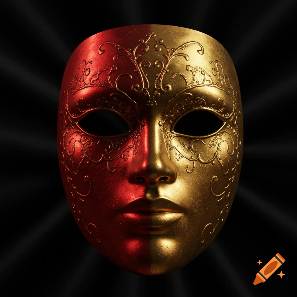 A decorative half-red and half-gold full face mask with intricate swirling patterns, dramatically lit against a dark background.