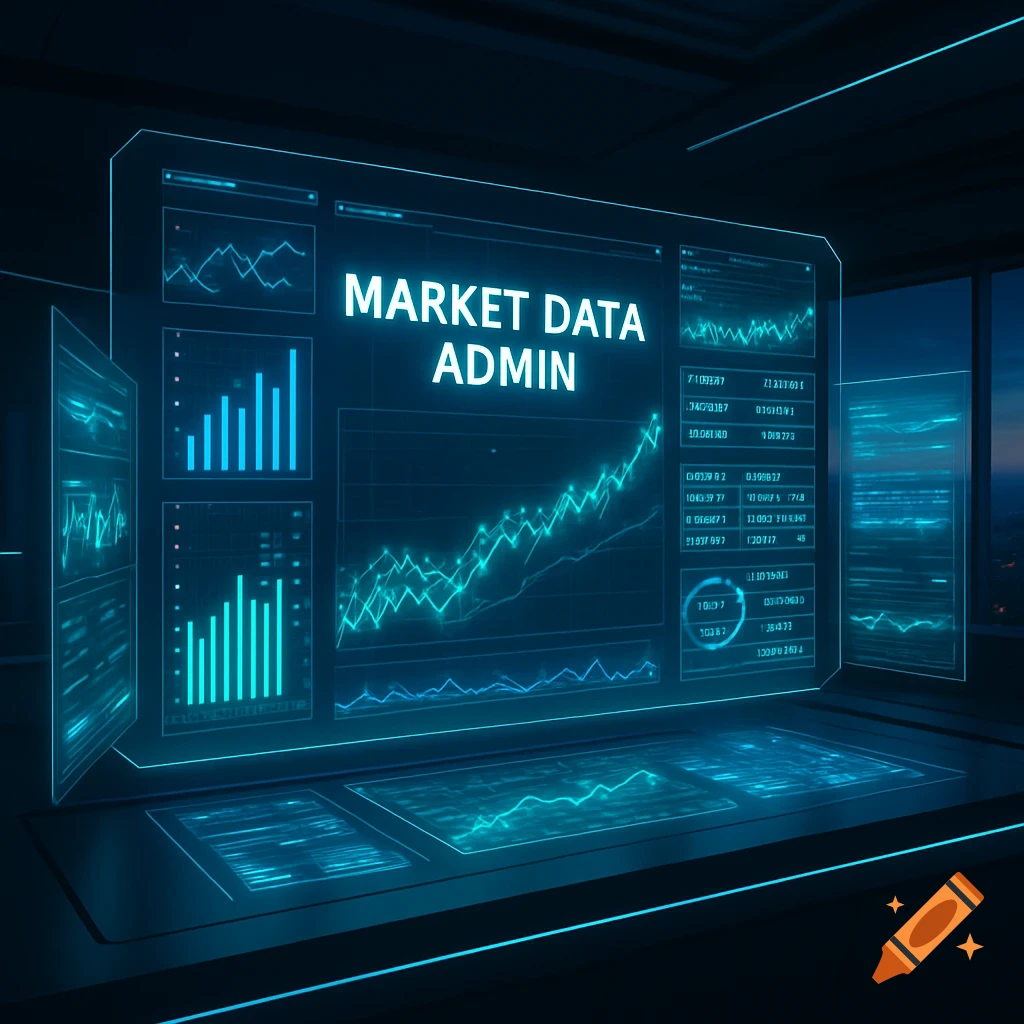 Holographic screen showing market data and graphs, with 'MARKET DATA ADMIN' prominently displayed.