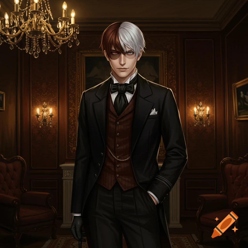 An anime-style young man with split brown and white hair in a black Victorian suit and vest stands in a grand, dimly lit room.