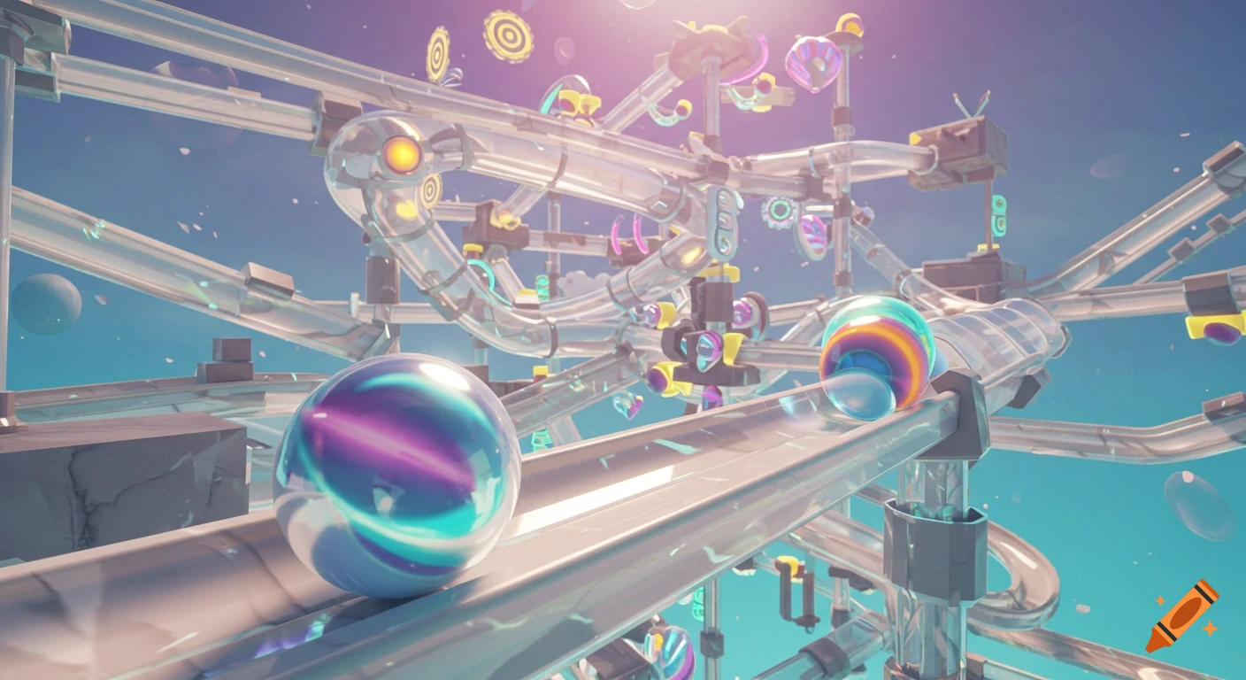 A colorful, glossy marble rolls down a transparent, futuristic marble run under a bright sky, resembling a game render.