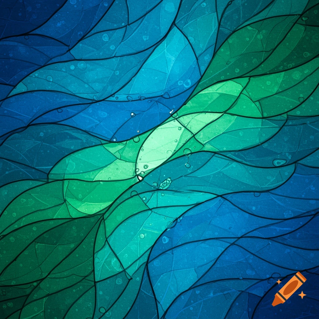 Abstract stained glass pattern in shades of blue, green, and teal with wavy lines and subtle textures.