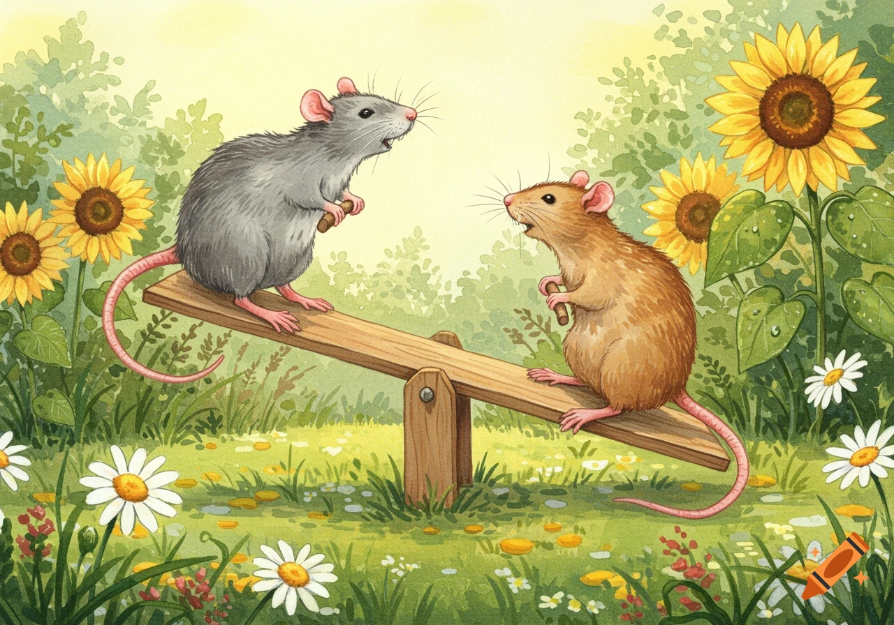 Two rats on a wooden seesaw in a sunny watercolor garden with sunflowers and daisies.