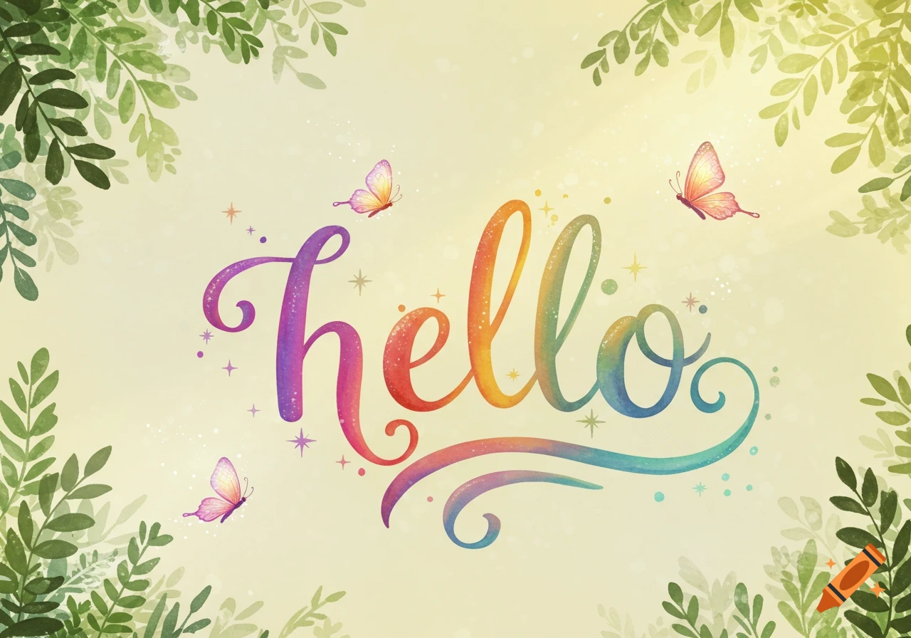 A whimsical illustration with the word "hello" in rainbow-colored script font, surrounded by pink butterflies and green leaves.